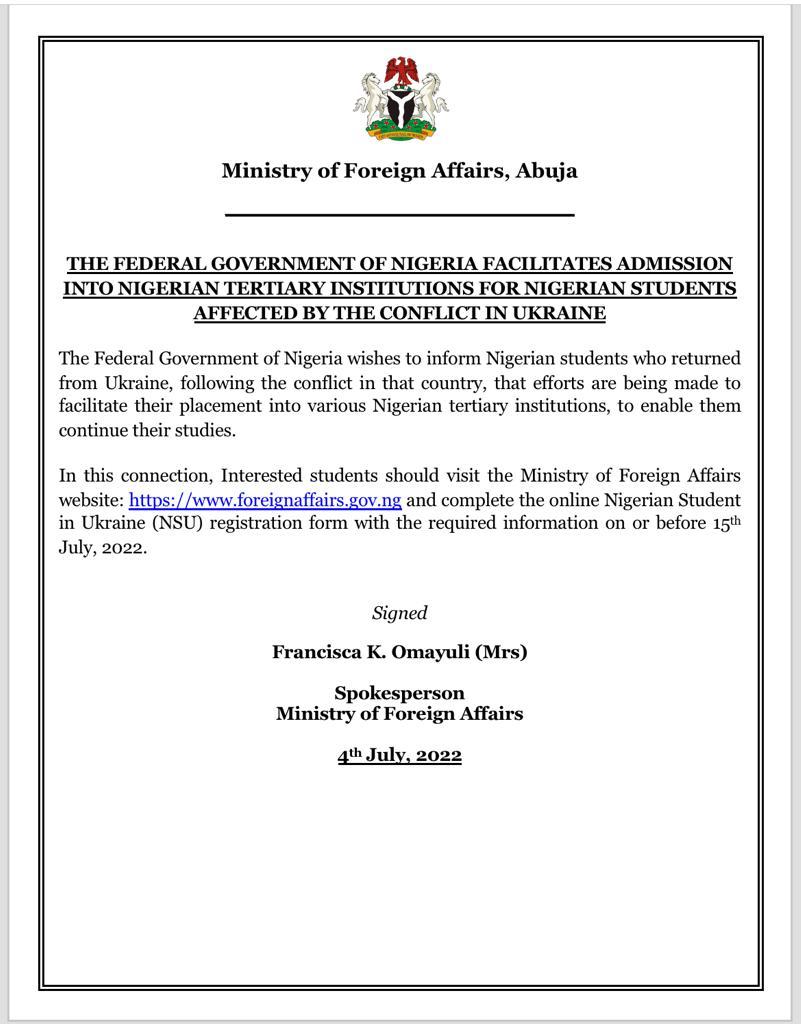 Registration Form for Nigeria Students returning from Ukraine