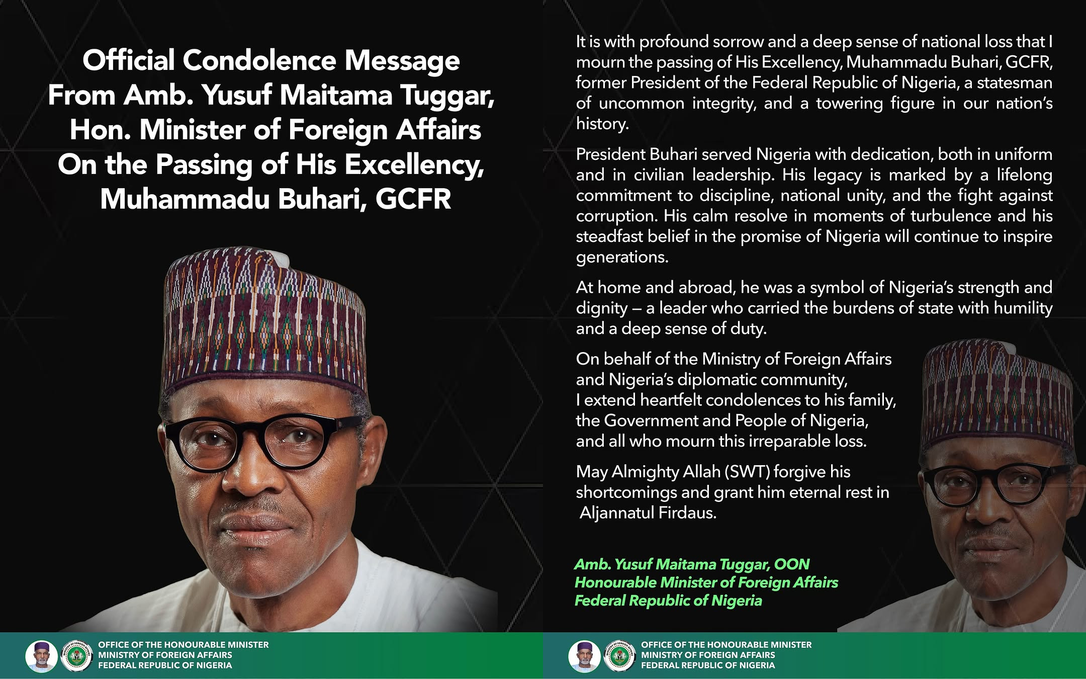 Official Condolence Message from Honourable Minister of Foreign Affairs, Amb. Yusuf Maitama Tuggar (…
