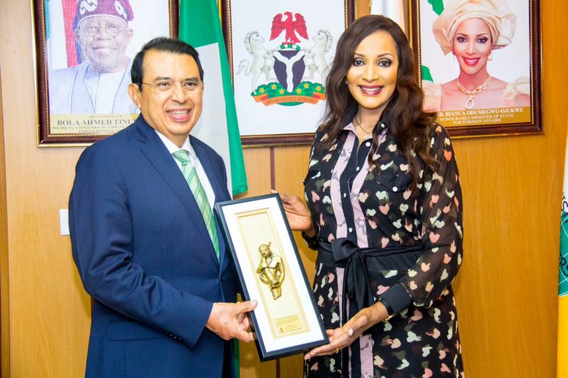Amb. Bianca Odumegwu-Ojukwu presenting souvenir to the outgoing Ambassador of Mexico to Nigeria, Alf&hellip;